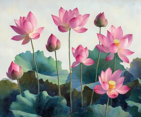 Lotus Flower Watercolor Illustration Vibrant Pink and Green Blossoms and Leaves