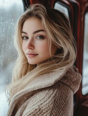 Woman with long blonde hair at window