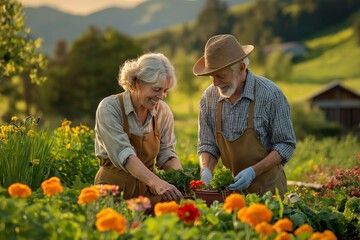 Older couple plants vibrant flowers in sunlit garden, sharing smiles and laughter together