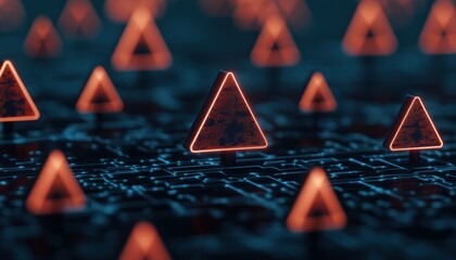 Abstract digital landscape with glowing triangular shapes, illuminated in orange against a dark background, ideal for technology or innovation themes