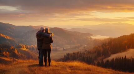 Older couple enjoying sunset together on scenic hilltop, embracing their love and nature's beauty