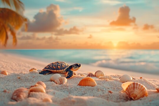 Baby sea turtle emerges from sandy nest at dawn with ocean in the background