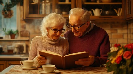 Older couple joyfully reminiscing over an old photo album in a cozy kitchen filled with love and warmth