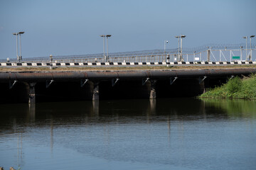 Airport drainage canal system and flood prevention infrastructure. Modern engineering solutions for water management in low-lying areas. Airport flood control system. Sustainable urban development.