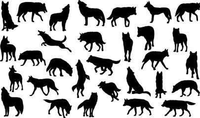 wolves in different poses set black silhouette vector