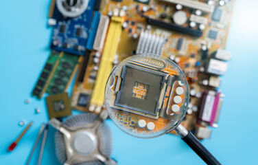 Magnifying glass inspecting electronic circuit board with no computer chip, showcasing quality control, hardware analysis, and innovation in technology design and maintenance. Precision in engineering