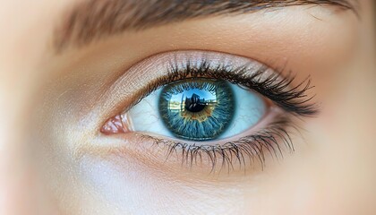 Obraz premium A stunning close-up of a blue-green eye with intricate details, sharp eyelashes, and a vivid reflection of a landscape within the iris, symbolizing vision and perception.