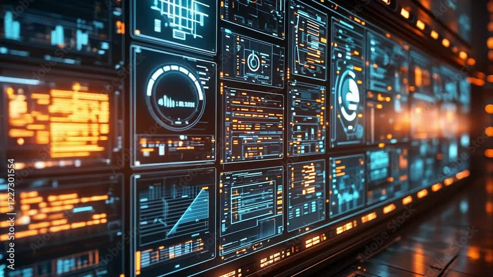 Poster futuristic data wall displaying glowing interfaces in a high-tech environment