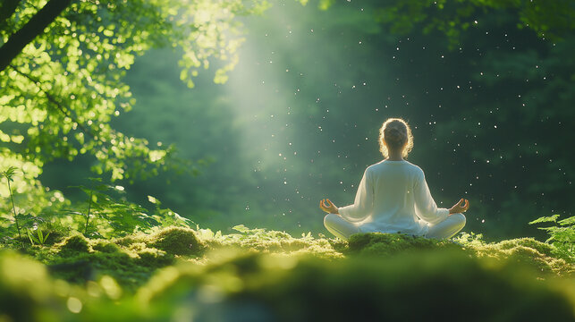 Peaceful Forest Meditation: A serene woman sits in a lotus position amidst a lush green forest, bathed in the soft light of the sun, finding inner peace and tranquility.