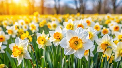 Obraz premium Daffodil Field Blooms Brightly Yellow and White Flowers, daffodils, blooming, daffodils, blooming, white flowers