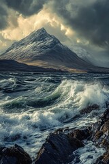 Mountain landscape with ocean waves