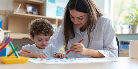 Fototapeta premium Young Boy and Woman Engaging in a Coloring Activity