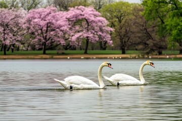 Swan Pair on a Lake A pair of swans gliding gracefully across a lake surrounded by blooming trees.
