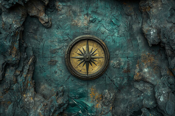 A vintage compass embedded in a rugged stone wall, symbolizing exploration and adventure.