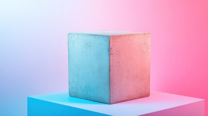 Concrete cube on platform, pink-blue backdrop, product display