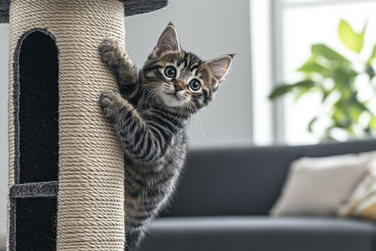 Curious kitten climbing cat tree in cozy modern living room for home decor inspiration