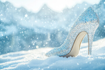 A dazzling high-heeled shoe glistens in a snowy landscape, capturing the essence of winter elegance and sparkle.
