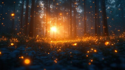 Enchanting Forest Scene at Sunset with Magical Glow of Fireflies Illuminating the Trees and Ground in Serene Atmosphere