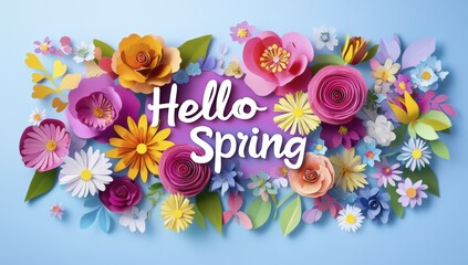 Naklejka premium Colorful paper flowers with 'hello spring' on light blue background
