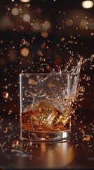 A dynamic shot of a drink with ice and sprinkles, perfect for alcoholic drinks and bar adverts.