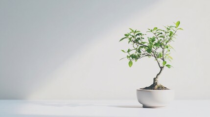 Minimalist Bonsai Tree in White Pot on White Background with Light