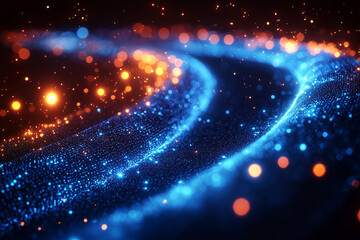 Obraz premium A vibrant scene featuring flowing lights in shades of blue and orange, creating a dynamic and energetic atmosphere.