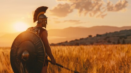 Warrior in antique armour against sunset background. Ideal for historical articles, book covers about ancient civilisations and thematic games.