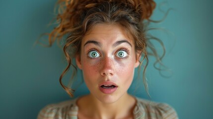 Girl with surprised expression on blue background. Suitable for advertising cosmetics, emotions and psychology.