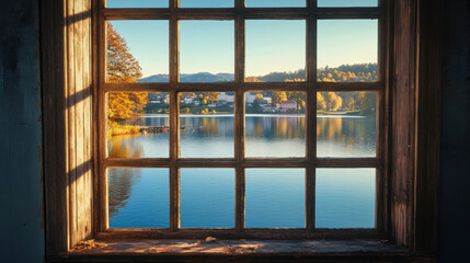 Naklejka premium Lake window views scenery nature landscape green tree view window scenic decor house design interior ideas wallpaper backdrop