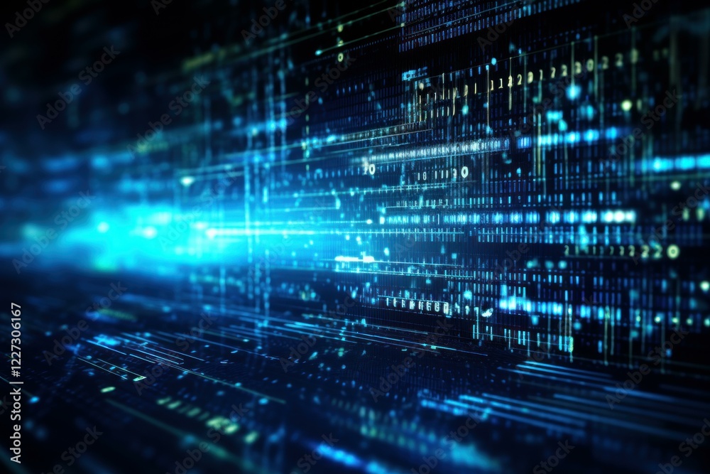  binary code streams are flowing in cyberspace, creating a futuristic technological background