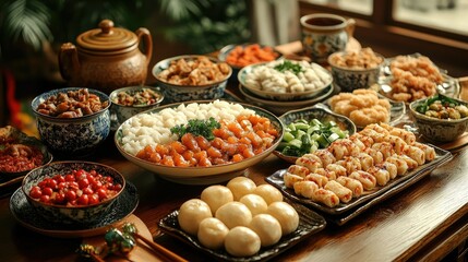 A table set with New Year dishes and symbolic foods
