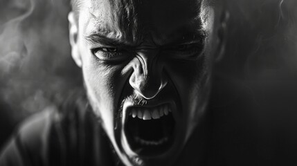 Black and white image of a screaming man. Can be used in psychological articles or to illustrate emotional states.