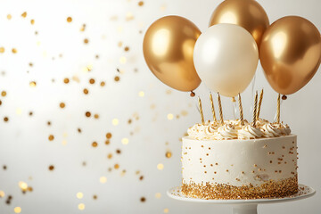 birthday cake with candles and balloons