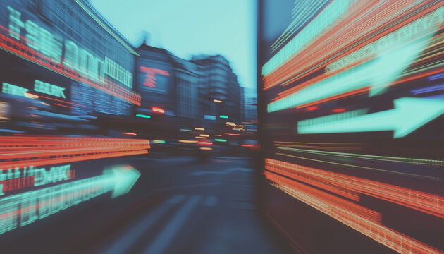 Urban Pulse: A captivating blur of neon lights and arrow signs in a bustling city street, capturing the energy and constant motion of urban life.  