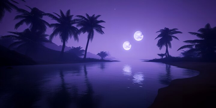 Serene Tropical Night Double Moon over Silhouetted Palm Trees and Calm Ocean