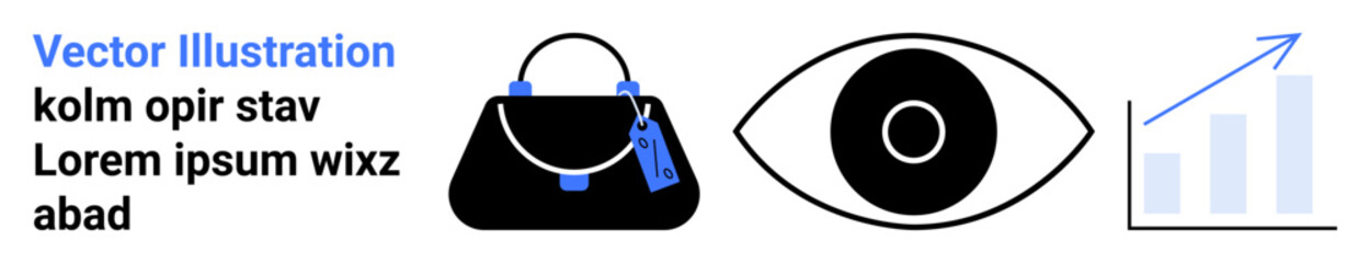 Black handbag with tags, stylized eye symbol, and upward bar graph. Ideal for fashion, vision, analytics, branding, e-commerce, marketing advertising flat landing page banner