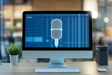 Microphone on computer screen in modern workspace