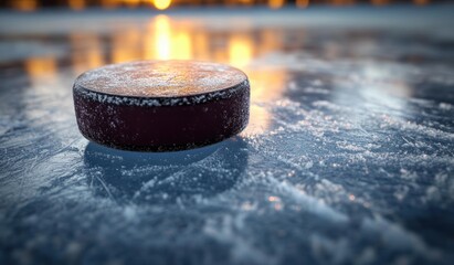 Close-up of Hockey Puck on Icy Surface with Dramatic Lighting in Stadium