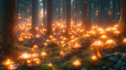 Naklejka premium Enchanting Forest Scene with Glowing Mushrooms and Soft Light Filtering Through Trees at Dusk