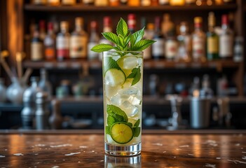 Mojito cocktail fresh mint leaves lemon slices ice cubes highball glass wooden bar counter atmosphe