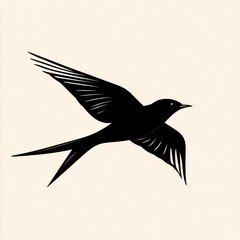 Obraz premium Elegant black silhouette of a bird soaring against a light background showcasing grace and freedom in flight. Generative AI
