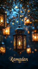 Obraz premium Beautiful Ramadan lanterns with intricate patterns glow warmly against a deep blue night sky, surrounded by golden bokeh lights and delicate foliage. Elegant gold 
