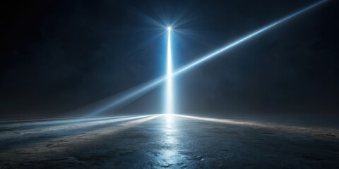 A single beam of light slices through a dark, isolated environment, highlighting its ethereal and mysterious nature, spotlight, simple composition