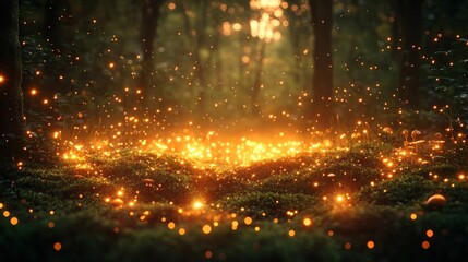 Enchanting Forest Scene with Glowing Particles and Soft Light in a Mystical Atmosphere at Dusk