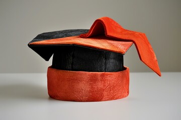 Orange and black graduation doctoral mortarboard cap sitting on a tabletop representing the achievement of obtaining a doctorate degree