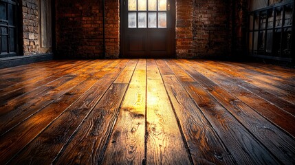 Sunlit Loft Interior, Wooden Floor, Brick Walls, Doorway