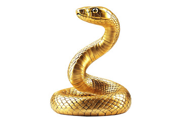 Fototapeta premium Coiled golden snake sculpture with detailed scales isolated on white transparent background, reptiles or wildlife, symbolizing Chinese Lunar New year