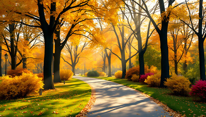 Fototapeta premium Tranquil footpath in a park in autumn, with beams of light falling through the trees , with white tonespng