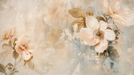 Elegant Pastel Floral Wallpaper Design: Delicate Peach and Beige Blooms on a Textured Background