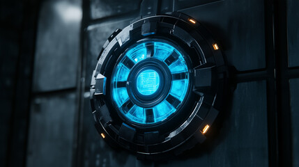 Futuristic circular interface glowing bluish against dark background